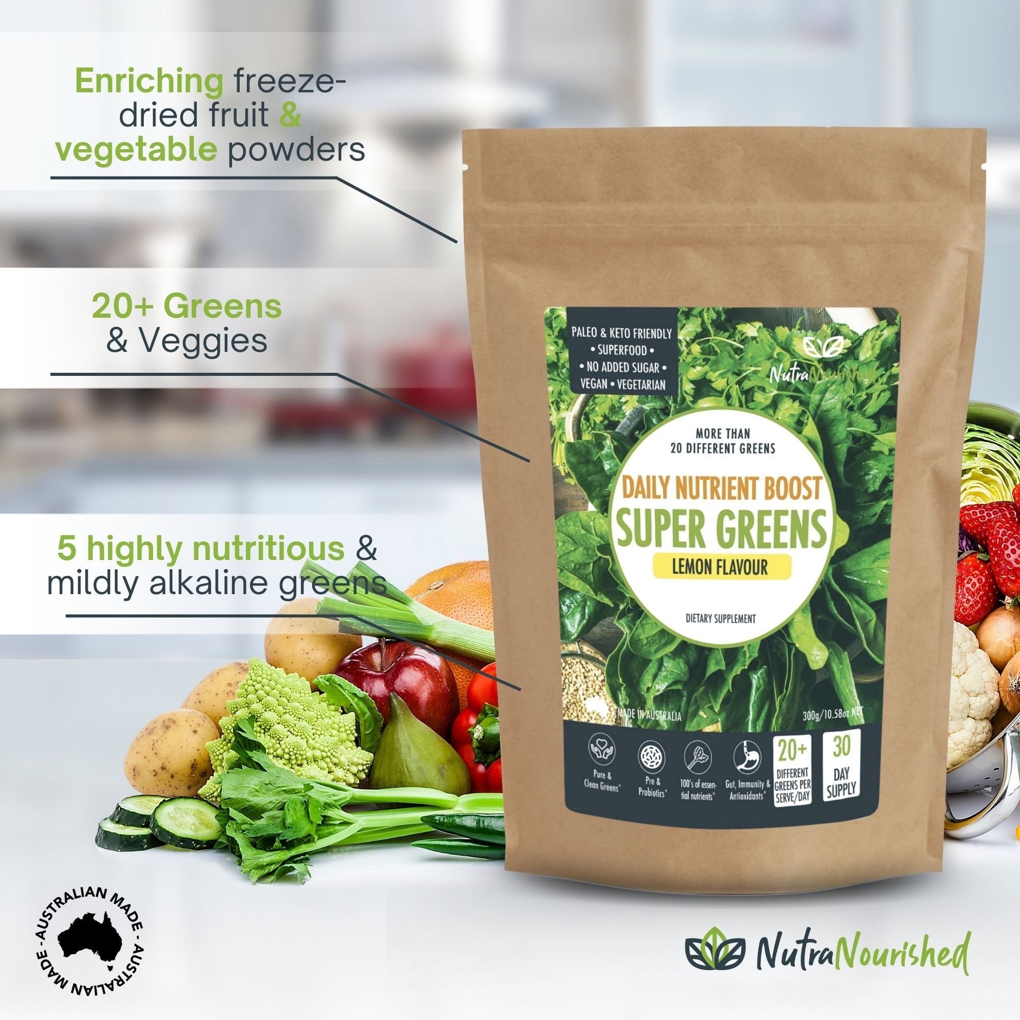 Super Greens Powder – Energising Superfood Blend - Nutrients  and Vitamins of 20 Greens
