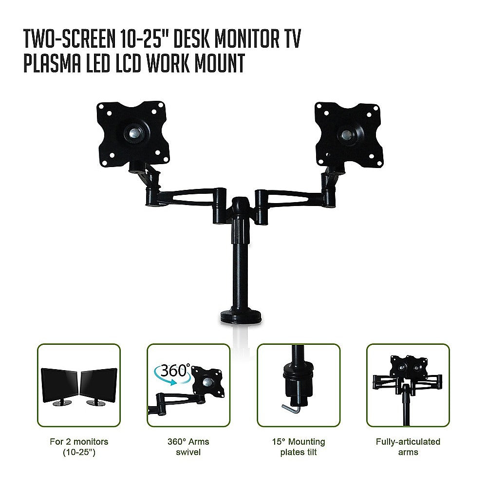 Two-Screen 10-25" Desk Monitor TV Plasma LED LCD Work Mount
