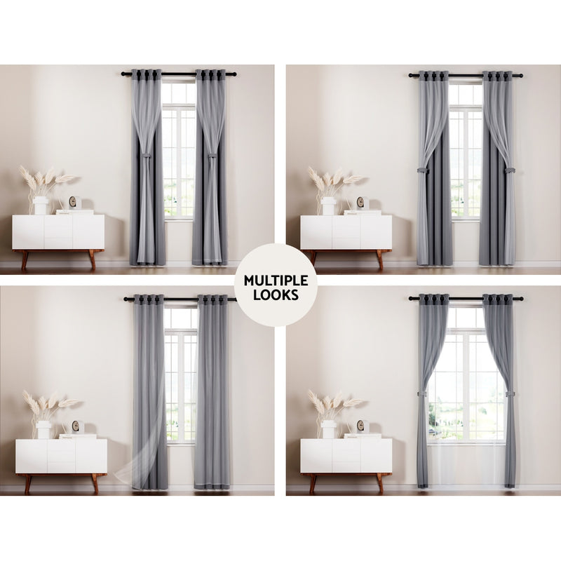 Artiss 2X 132x304cm Blockout Sheer Curtains Charcoal