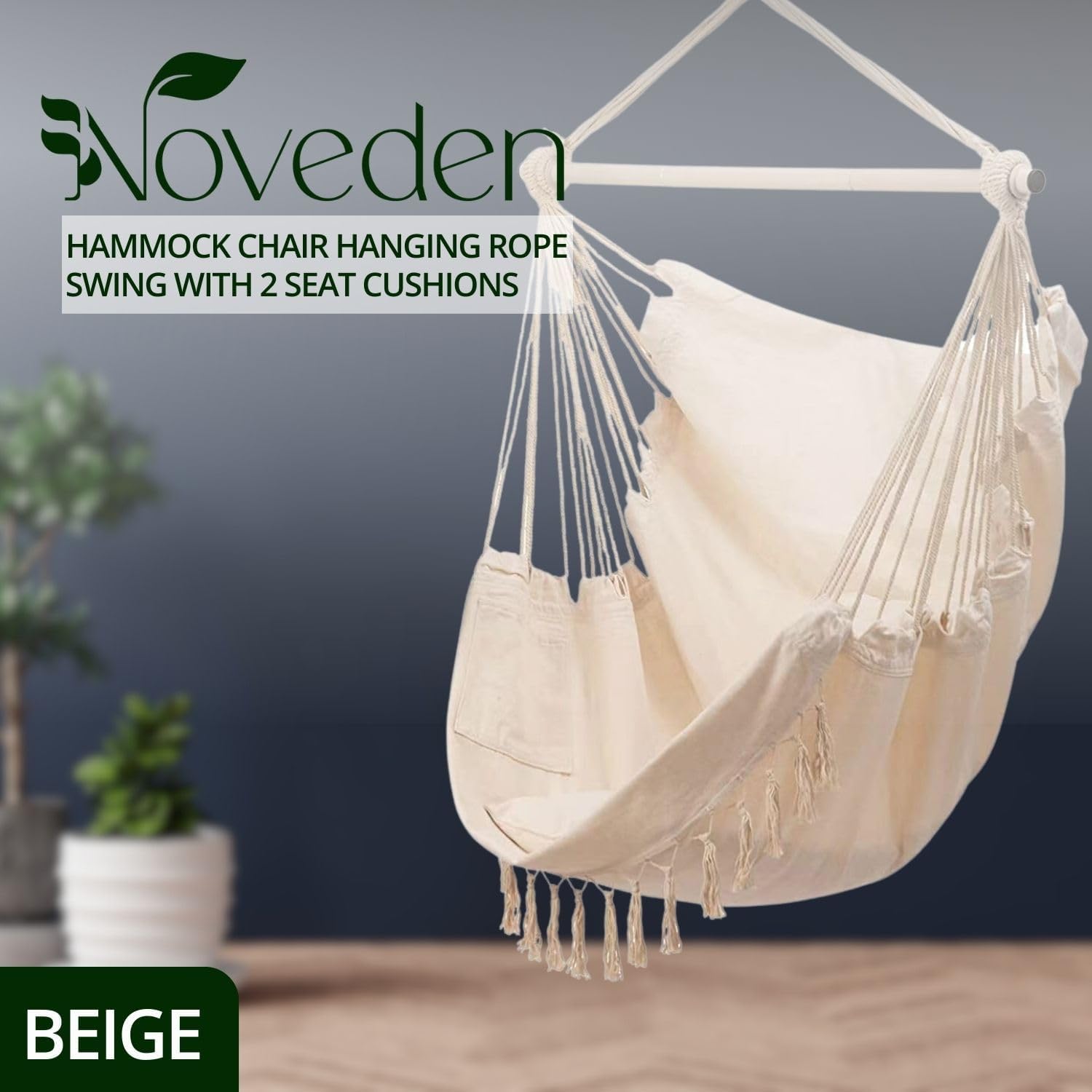 NOVEDEN Hammock Chair Hanging Rope Swing with 2 Seat Cushions Included (Beige) NE-HC-103-XXW