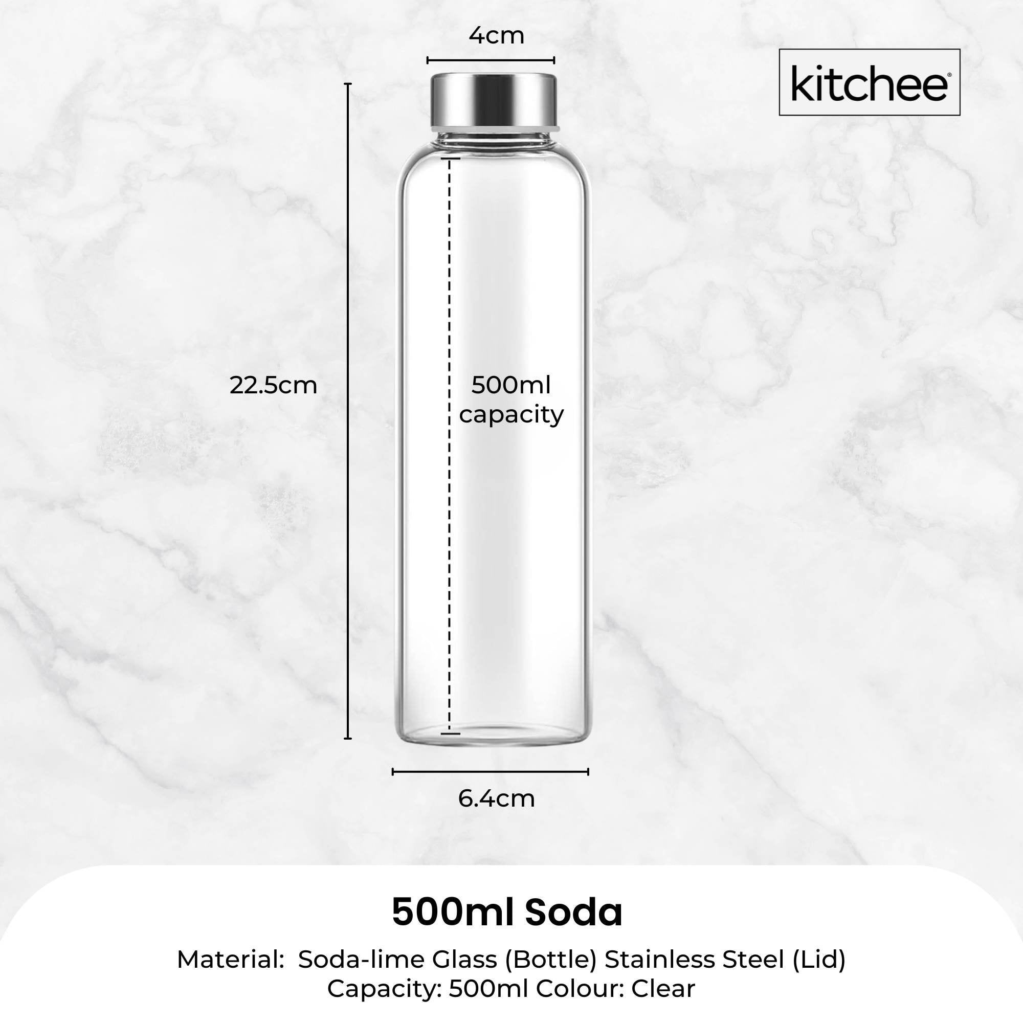 Kitchee 500ml Glass Water Bottle with Stainless Steel Lid - Set of 6 Drink Bottles