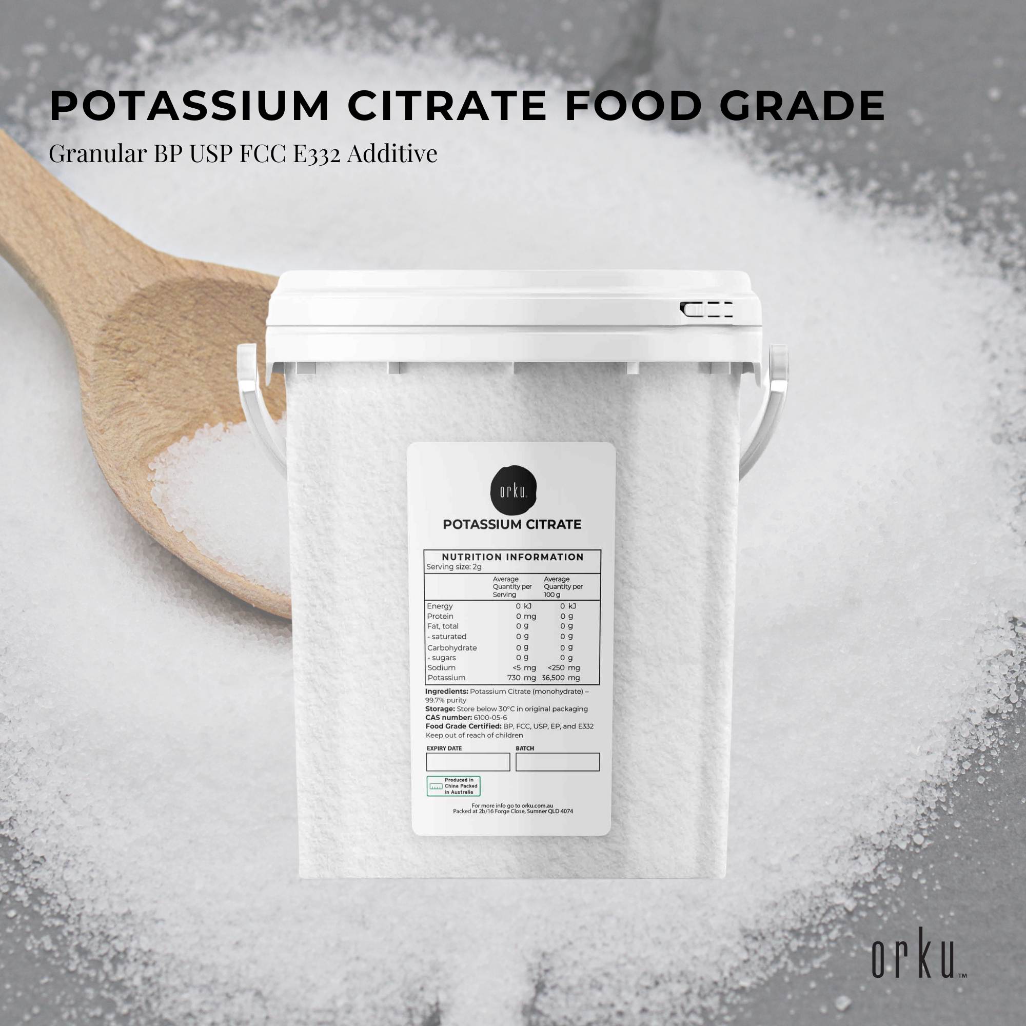 Orku 1.3Kg Potassium Citrate Food Grade Tub - Granular BP USP FCC E332 Additive