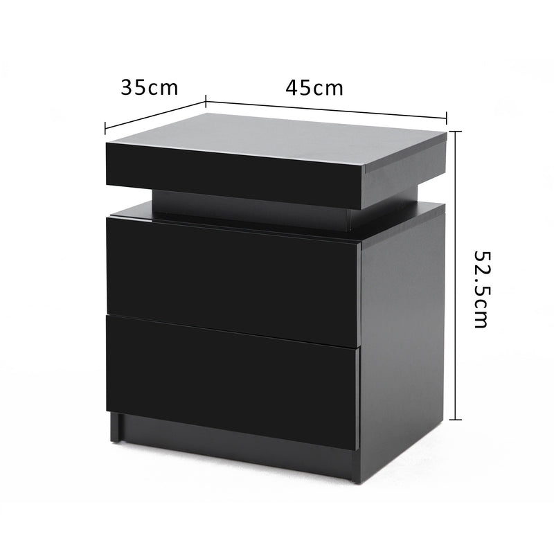 2X Bedside Table 2 Drawers RGB LED Bedroom Cabinet Nightstand Gloss AURORA BLACK