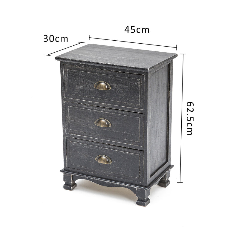 2X Bedside Table 3 Drawer Vintage Side Table Storage Cabinet Bedroom CLARA BLACK