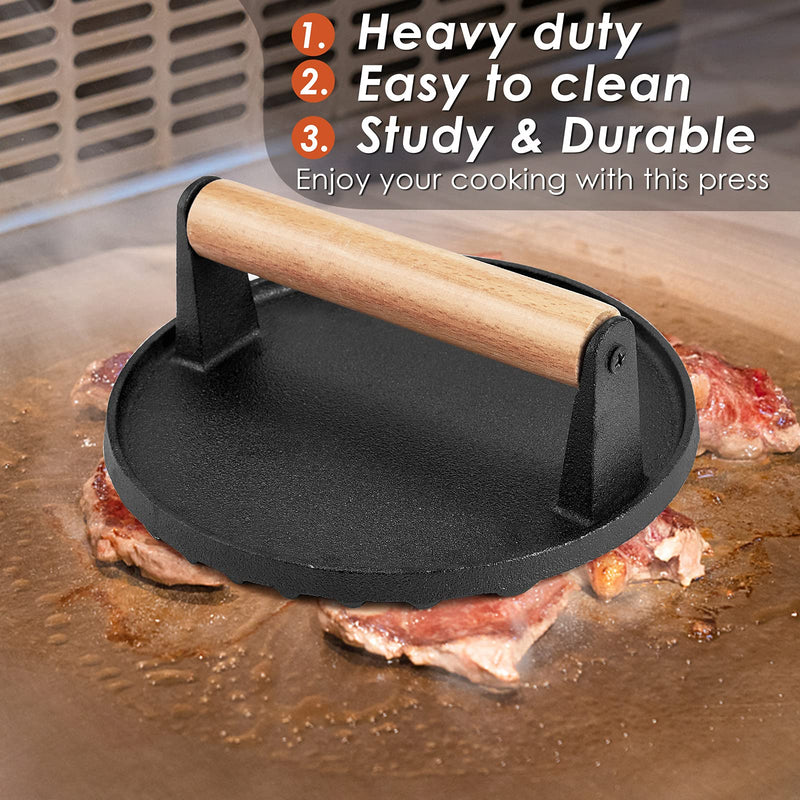 Heavy Duty Round / Rectangle Cast Iron Grill Burger Press Pre-Seasoned Steak Griddle BBQ Grilling