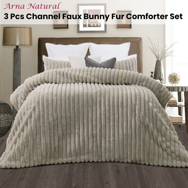 Jane Barrington Arna Natural 3 Pcs Channel Faux Bunny Fur Comforter Set Queen