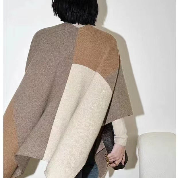 Brown Pure Wool Extra Large Shawl Scarf Color Block Multi-functional Warm Cashmere Cape Poncho