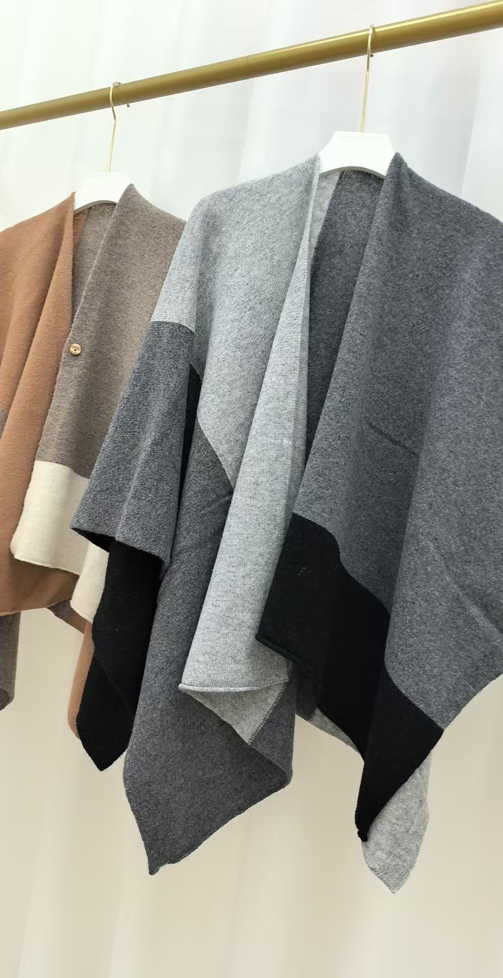 Brown Pure Wool Extra Large Shawl Scarf Color Block Multi-functional Warm Cashmere Cape Poncho