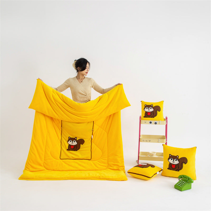 Yellow Little Squirrel - 2-in-1 Foldable Car Pillow Blanket - Cozy 40x40cm Pillow, Unfolds to 100x150cm Blanket for Travel and Office Naps