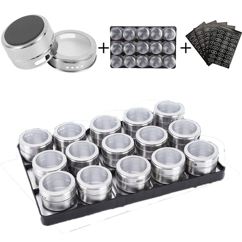 Magnetic Spice Jars Containers Spice Tins Wall Mounted Stainless Steel Base New 15PCS