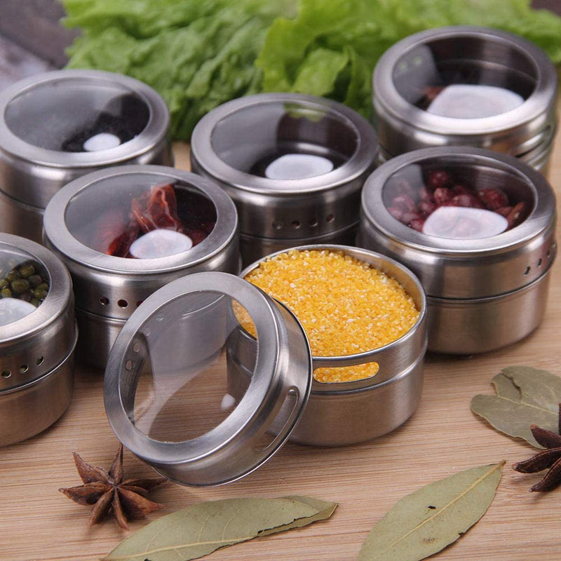 Magnetic Spice Jars Containers Spice Tins Wall Mounted Stainless Steel Base New 15PCS