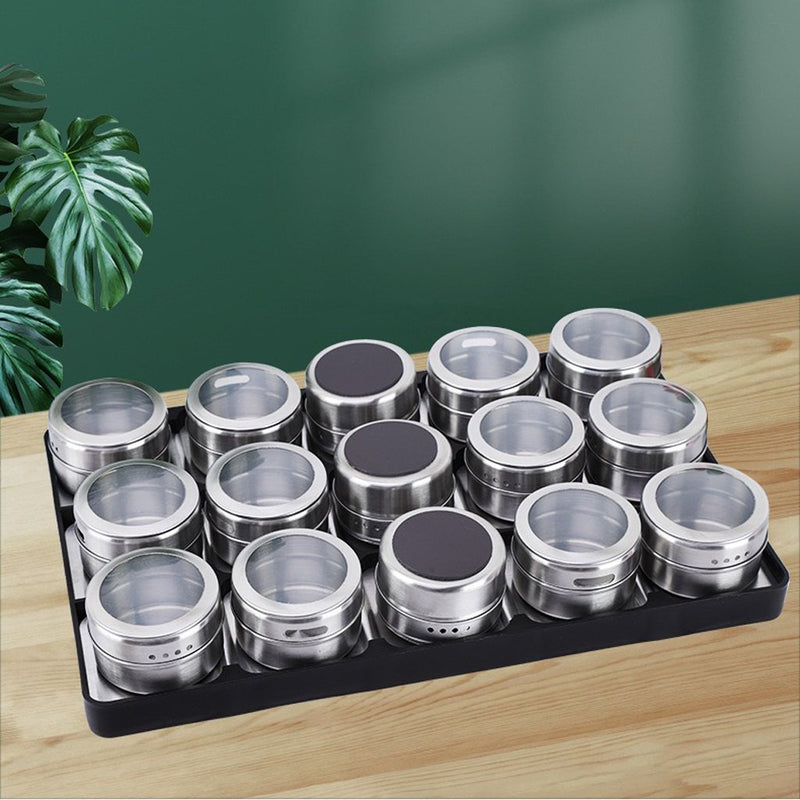 Magnetic Spice Jars Containers Spice Tins Wall Mounted Stainless Steel Base New 15PCS