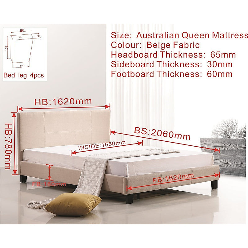 Queen Linen Fabric Bed Frame Beige