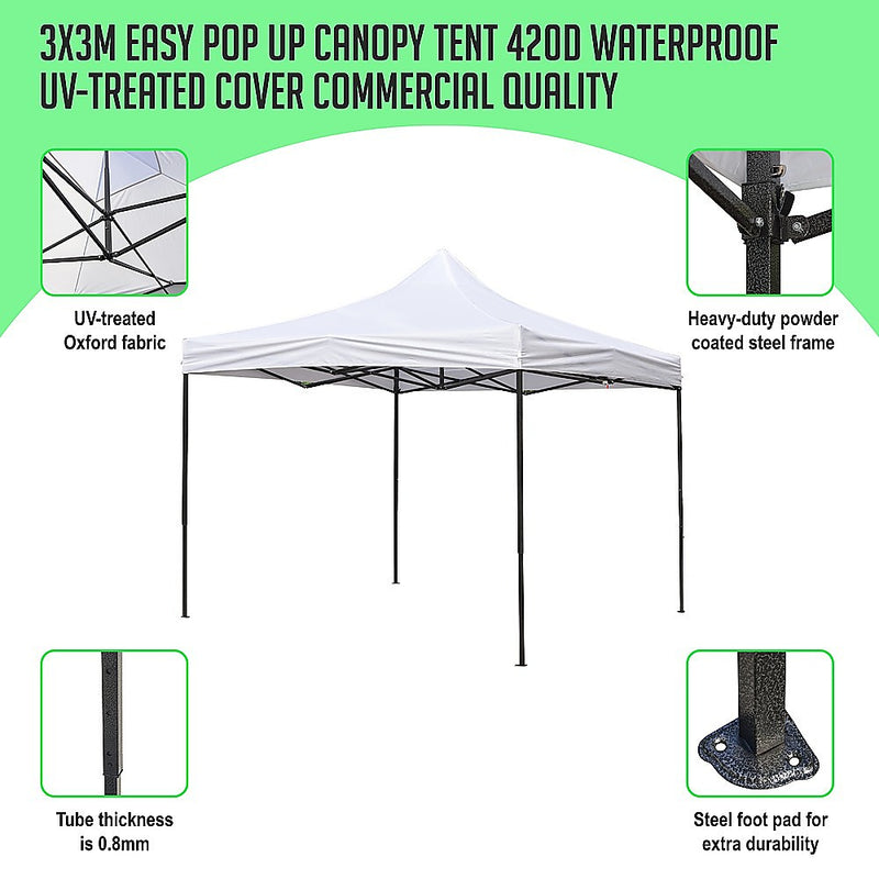 3x3m Easy Pop up Canopy Tent 420D Waterproof UV-Treated Cover Commercial Quality